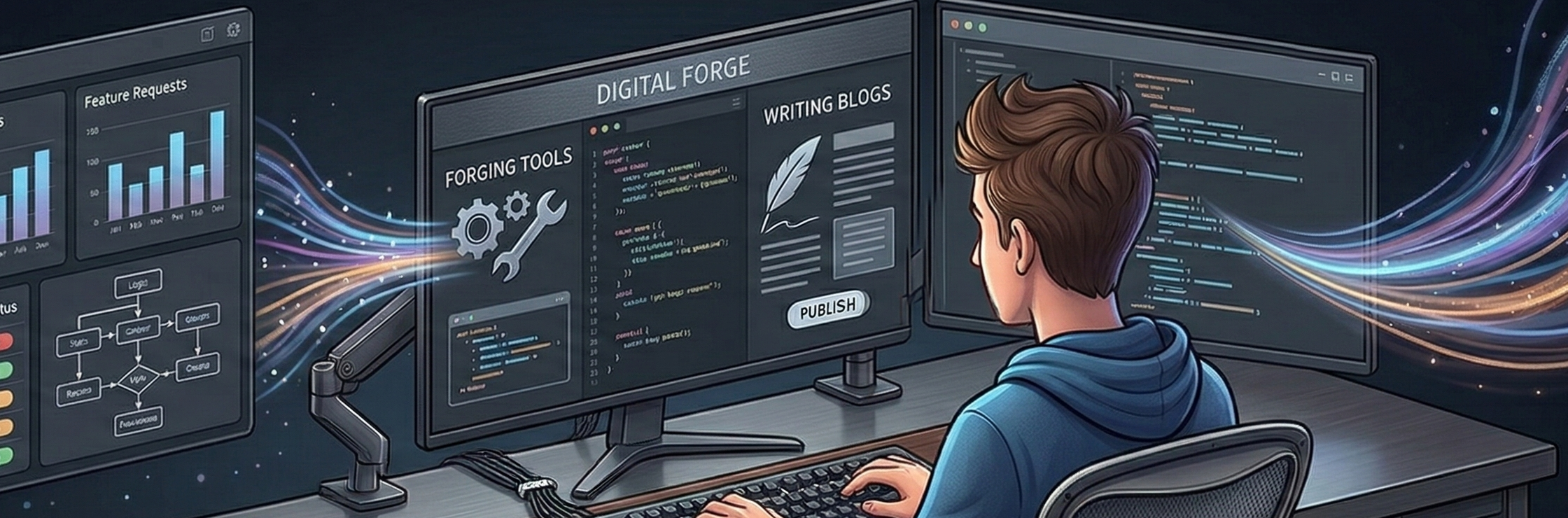 A person sitting at a desk using a computer with multiple screens displaying data visualisations, coding, and user feedback tools, surrounded by dynamic visual elements.