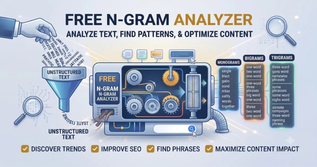 A professional illustrative featured image in the blue and gold digital workshop style from image_14.png. The central focus is a complex data processing machine labeled 'FREE N-GRAM ANALYZER'. Text above reads 'FREE N-GRAM ANALYZER'. Text below reads 'ANALYZE TEXT, FIND PATTERNS, & OPTIMIZE CONTENT'. Checkmarks at the bottom highlight benefits like 'DISCOVER TRENDS', 'IMPROVE SEO', 'FIND PHRASES', and 'MAXIMIZE CONTENT IMPACT'. On the input side, a hand pours a stream of unstructured text into a funnel. On the output side, clearly defined, glowing data columns represent categorized 'MONOGRAMS', 'BIGRAMS', and 'TRIGRAMS' data sets.